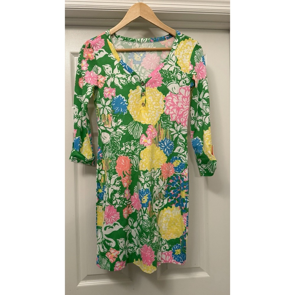 Lilly Pulitzer Dress Womens XXS Green Pink Floral Henley 3/4 Sleeve Knit Mini